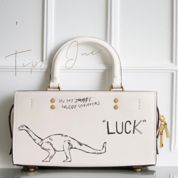 NEW!! Coach Rogue 25 Tote Bag With Dinosaur & Lucky Drawings In Chalk White Leat - Picture 4 of 11